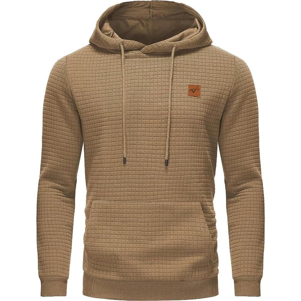 Men's Khaki Pullover Hoodies Long Sleeve Draw String Lace Up Hooded Sweat Shirt